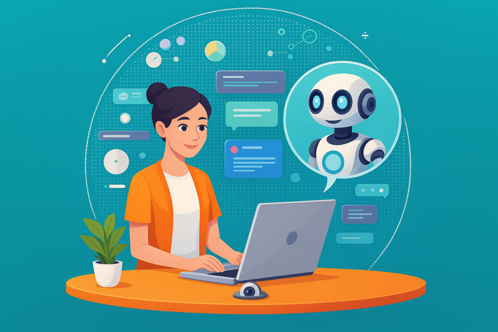Une femme assise à un bureau orange représentant une prof de FLE, travaillant sur un ordinateur portable, avec un robot flottant dans une bulle de dialogue qui semble sortir de l'écran, le tout sur un fond futuriste avec des éléments d'interface numérique