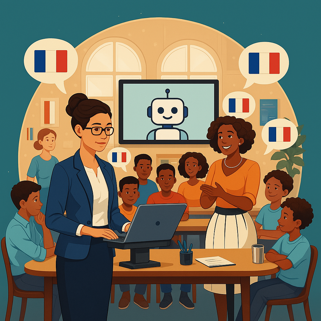Une scène de classe de FLE où une enseignante travaille sur un ordinateur posé sur un support, avec des élèves attentifs. Un écran en arrière-plan affiche un petit robot souriant. Plusieurs bulles de dialogue avec des drapeaux français flottent autour des personnages pour symboliser l’apprentissage du français.