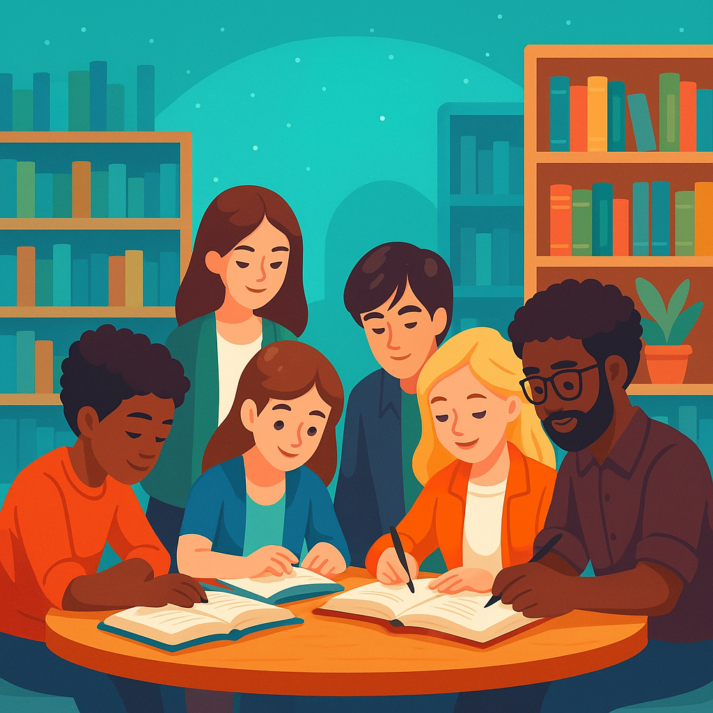 Groupe d'étudiants de FLE de différentes origines ethniques étudiant ensemble autour d'une table en bois dans une bibliothèque remplie de livres